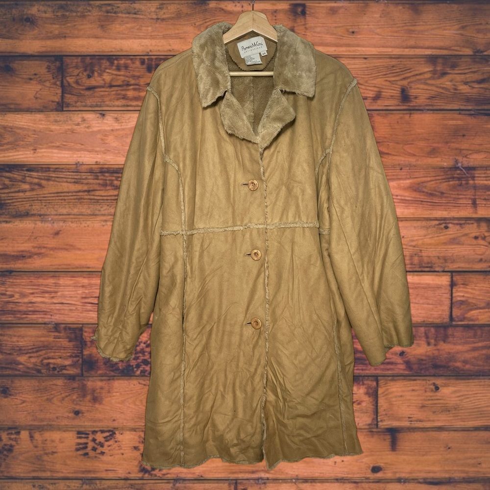 Pamela McCoy Tan Button Front Vegan Suede & Fur Coat 2X